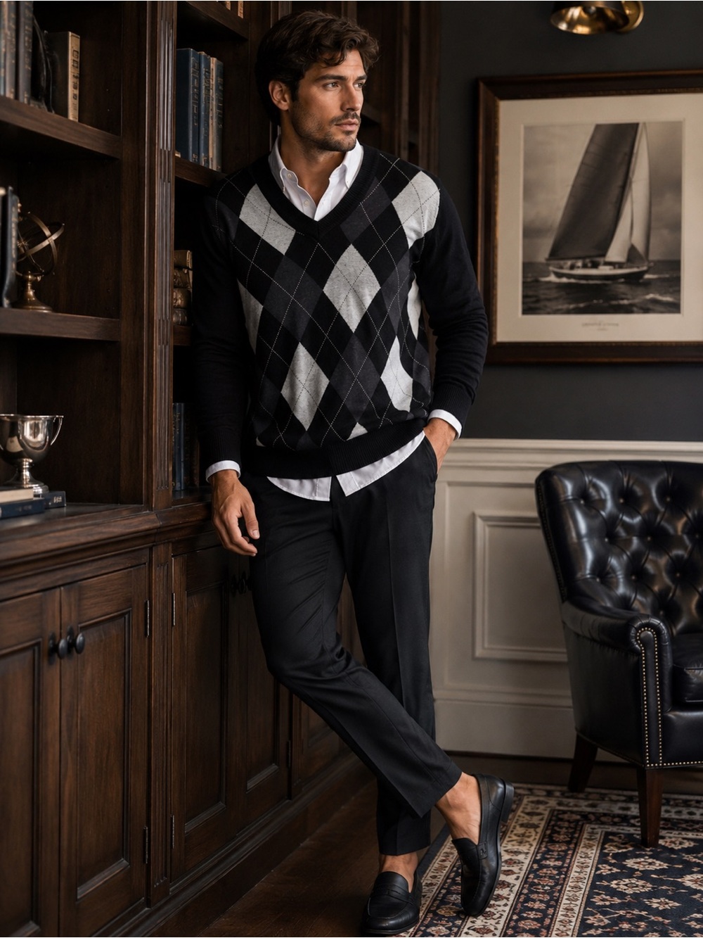Argyle Sweater in Black and Gray